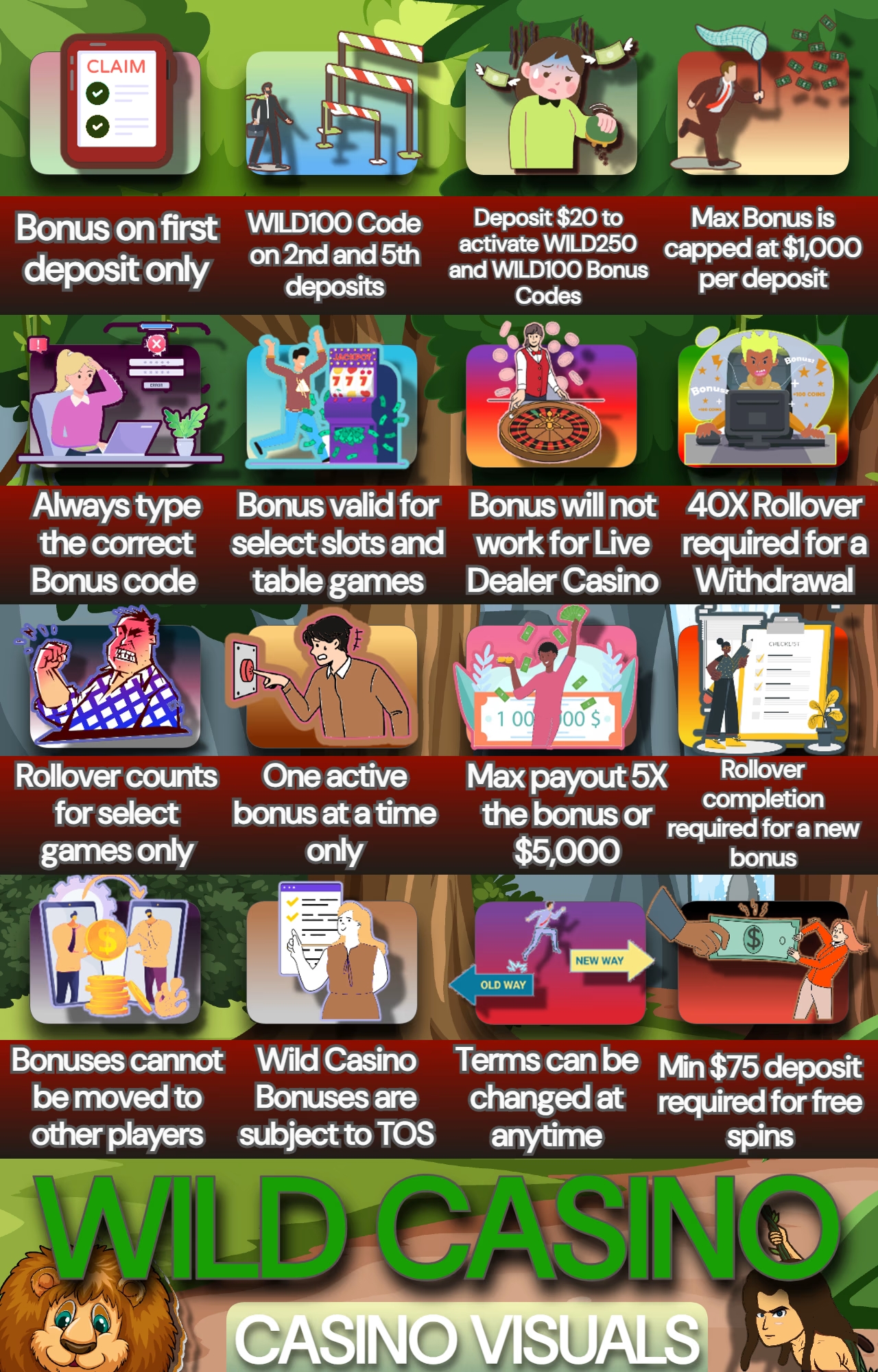 This visual mentions all the important terms and conditions of Wild Casino Welcome Bonus available to its new depositors. Image Credit: Casino Visuals