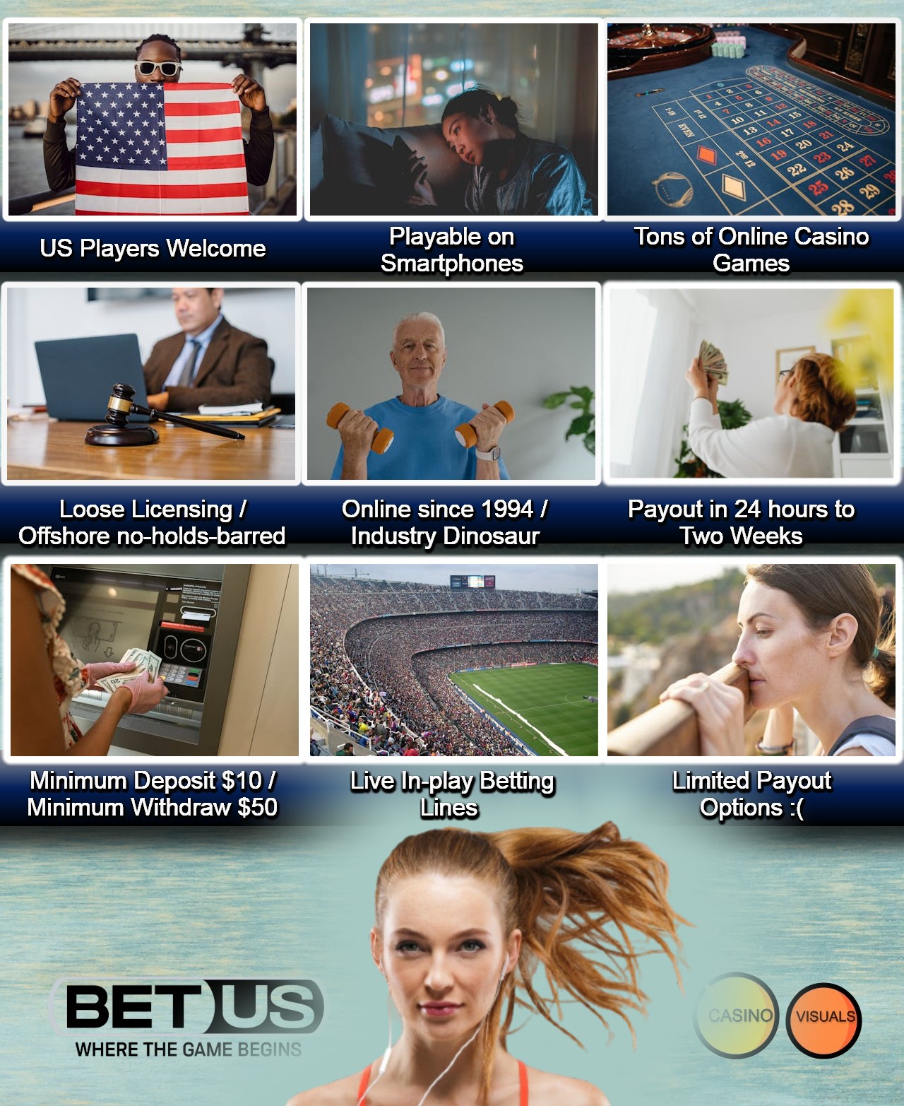 BetUS.com.pa welcomes US players. Its platform doesn't have an app, but is playable on smartphones. Has tons of online casino games and live in-play sports betting facility. Is an offshore no-holds-barred betting site and has been online since 1994. It takes anywhere from 24 hours to two weeks to get a payout and has minimum withdrawal amount of $50. Unfortunately, it has limited payout options. Image Credit: Casino Visuals