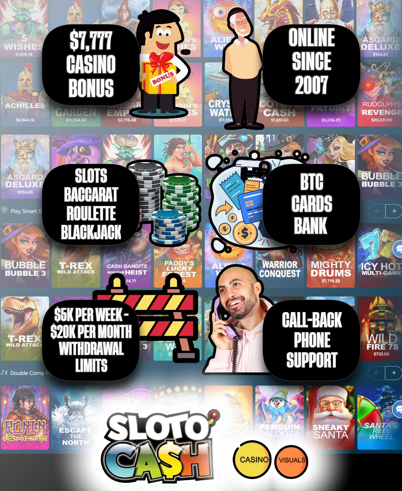 Slotocash casino has been online since 2007. Offers instant play and a MAC installable casino software. They can be slow to pay out, but eventually do. Image Credit: Casino Visuals