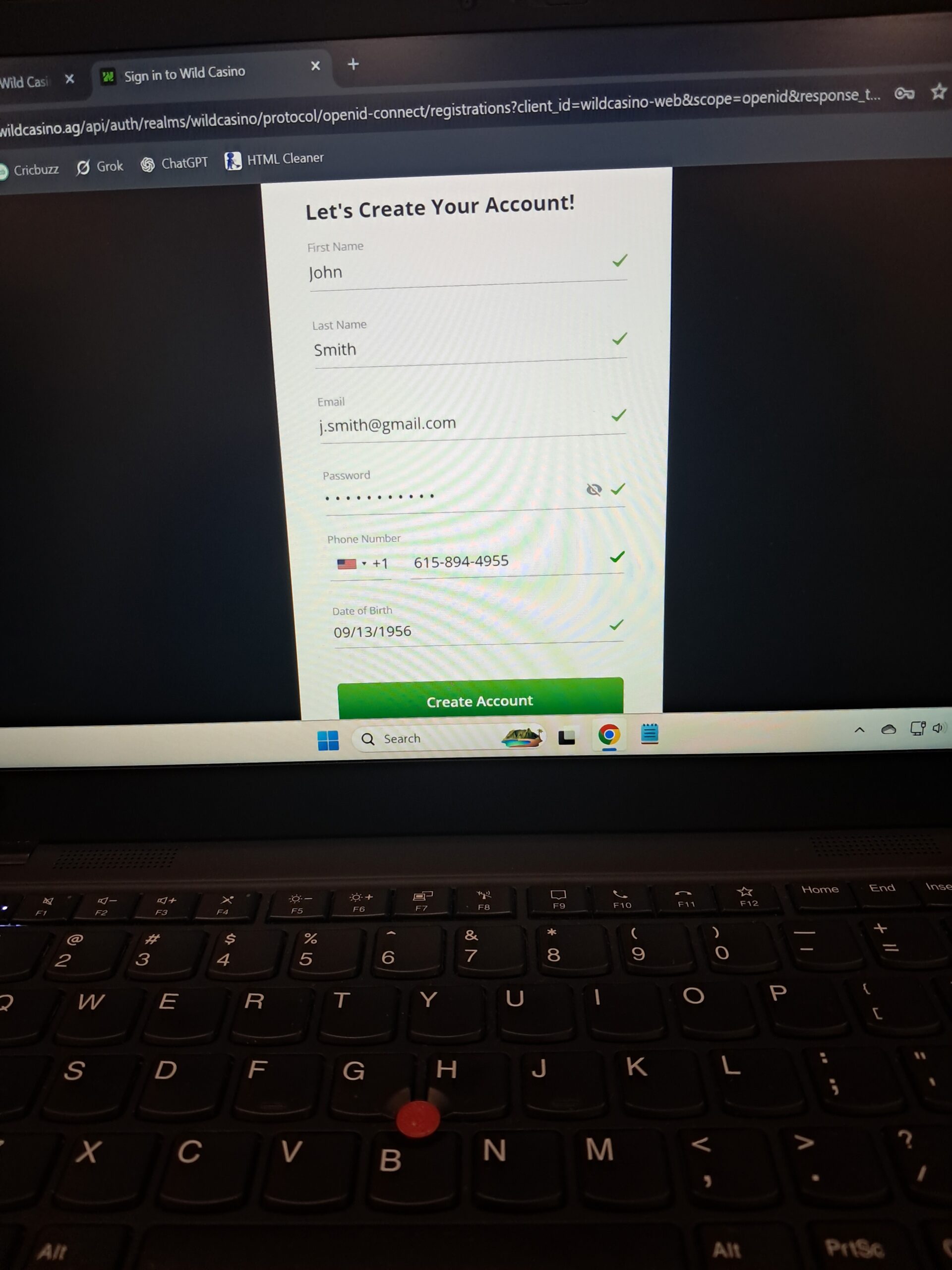 how wild casino's new account creation page looks like